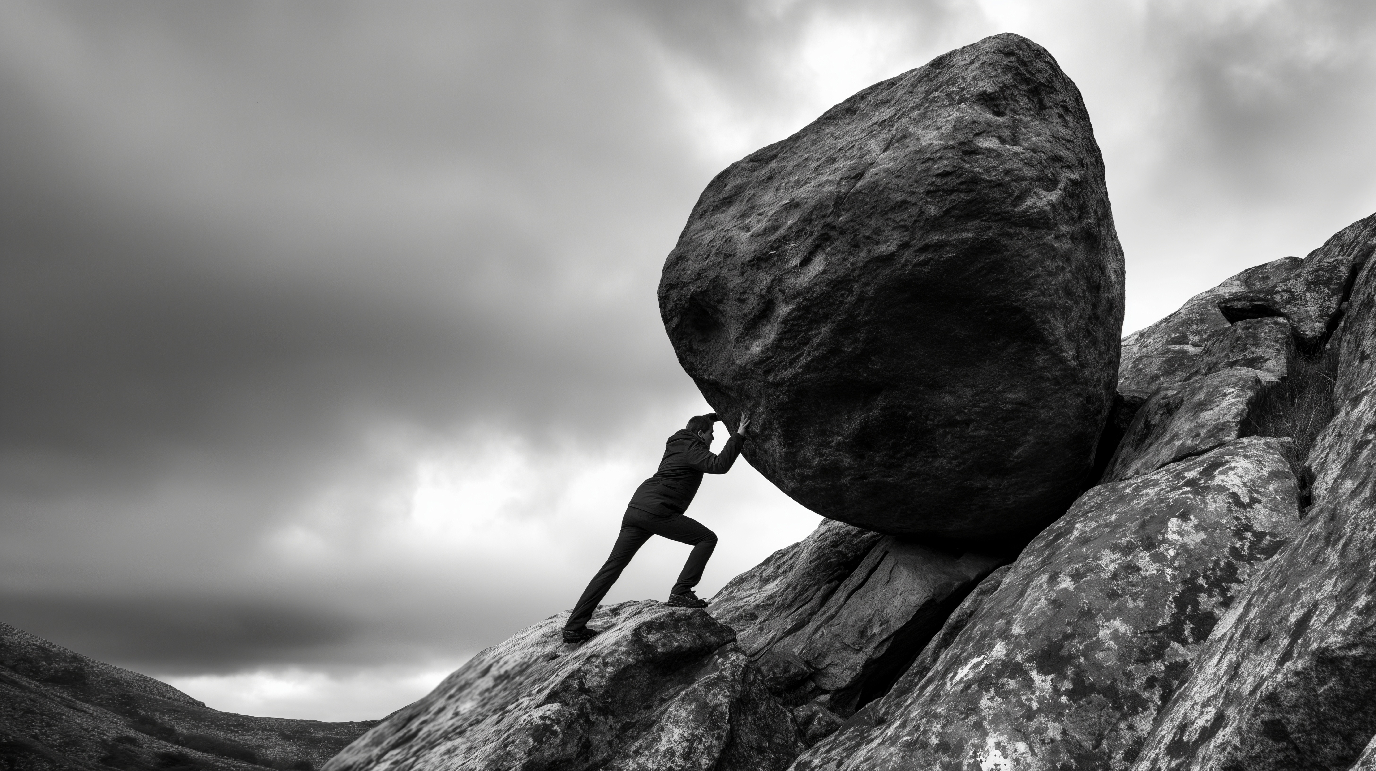 man pushing rock up a mountain 